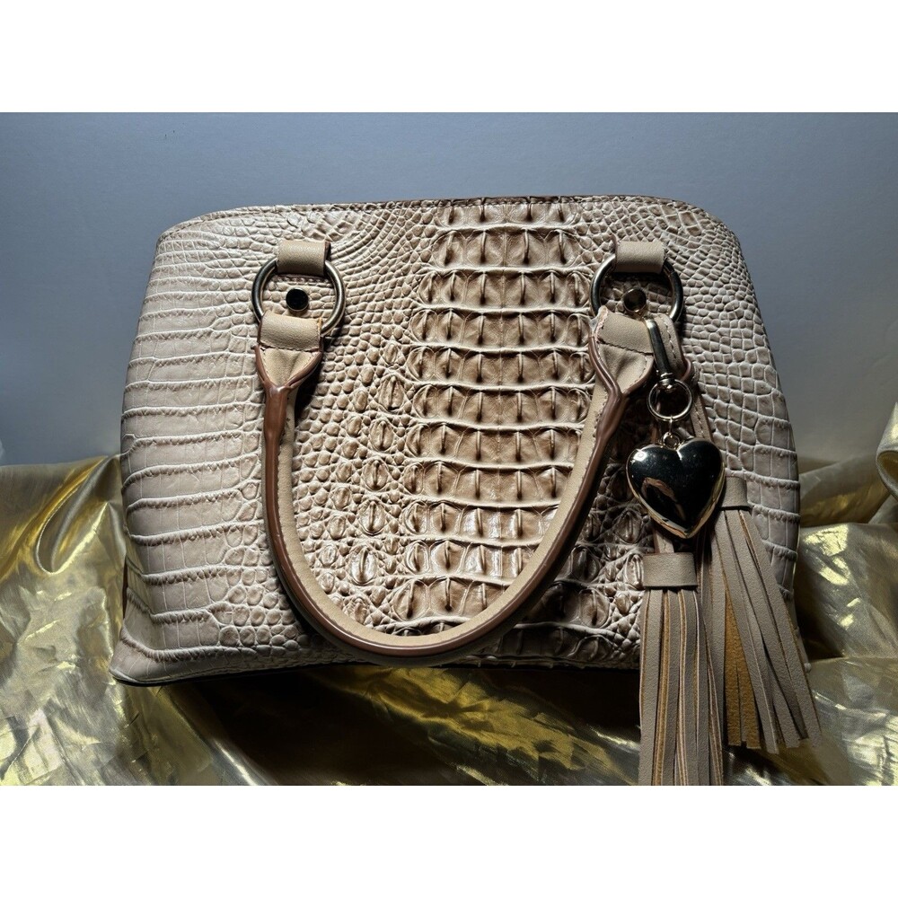 IM Heart Tan Faux Croc Satchel Handbag Tote Tassel Gold Heart  Zip Pockets